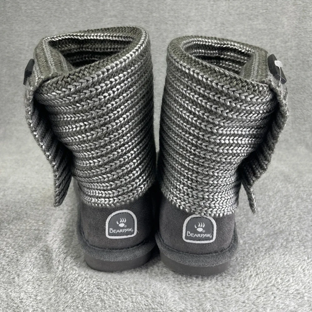 Bearpaw Boots Women 7 Gray Knit Tall Toggle Button Suede Trim Sparkle